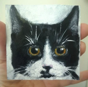 Cat original miniature oil painting Board 100% hand artwork 3.5x3.5 in - Picture 1 of 4
