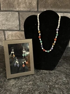 Faux Pearl & Cat’s Eye Silvertone Necklace w/4 Pair Match French Wire Earrings - Picture 1 of 5