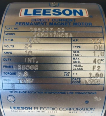 Powerful LEESON ELECTRIC MOTOR, 1/4hp, DC 24 Volt, 5/8" shaft. Part # C42D17NC5A - Image 1 of 3