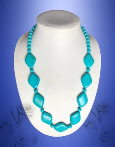 Turquoise Rhombus Pendant Necklace 25" Long sky Blue bead round strand  - Picture 1 of 2