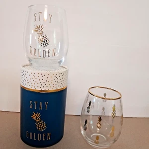 Ananas Thema Stiellose Weingläser Krone & Efeu Goldene Ananas 16 Unzen - Bild 1 von 4