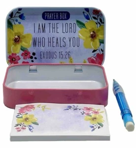 CAJA DE ORACIÓN con Mini Bloc de Notas y Lápiz Azul EXODUS 15:26 Diseño Floral NUEVO - Imagen 1 de 8