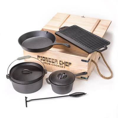 Prospector's Iron Cookware Camping Dutch Oven Set 8 Pieces Wood Box - Image 1 of 3