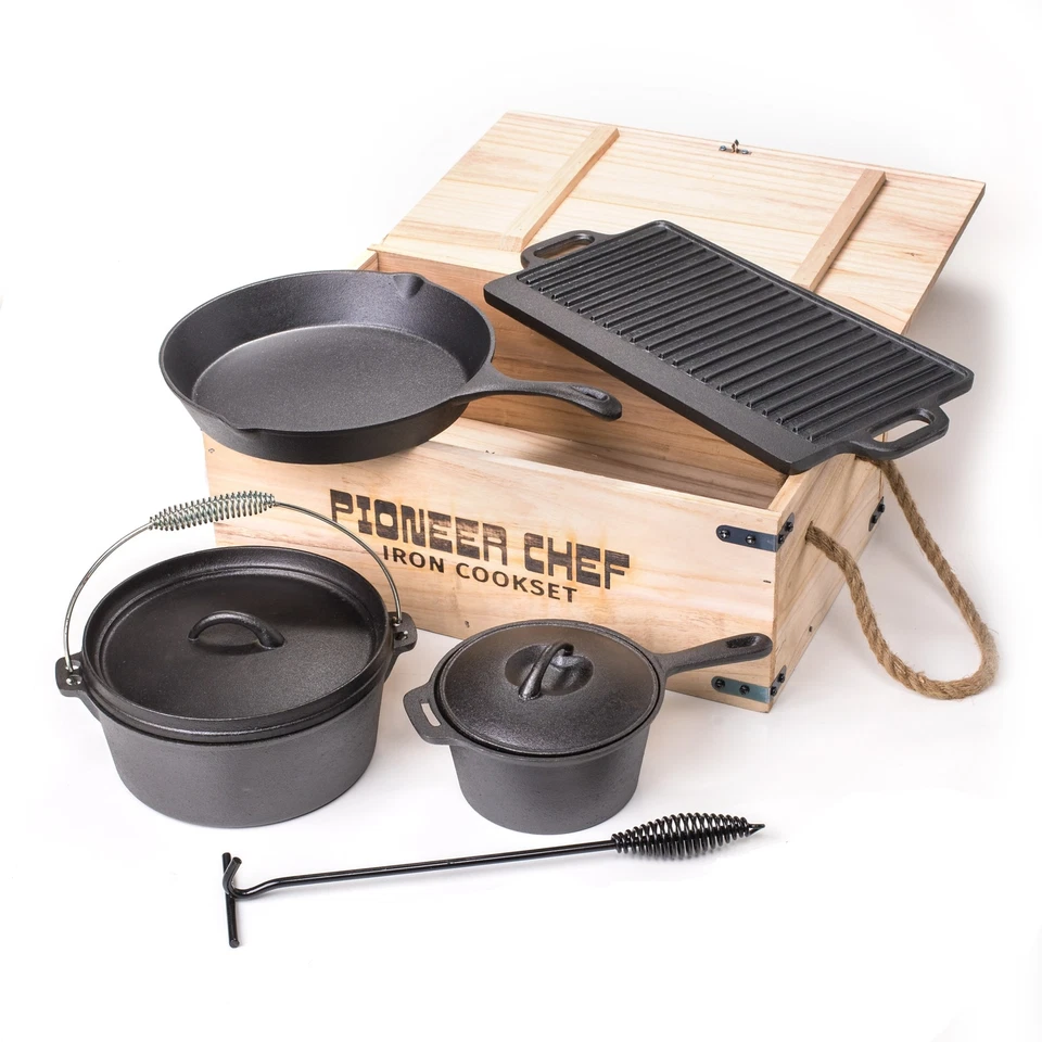 Prospector's Iron Cookware Camping Dutch Oven Set 8 Pieces Wood Box - Image 1 of 3