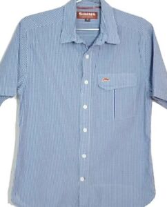 SIMMS Fishing Shirt Short Sleeve Quick Dry Microfiber Blue/Plaid Men Size Small