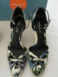 KAREN MILLEN FLORAL SATIN LEATHER ANKLE STRAP SHOES SIZE 5 WEDDING RACES - Picture 1 of 6