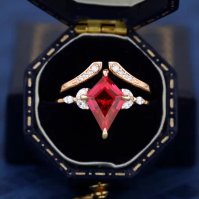 Lab Created Ruby Art Deco 14K Rose Gold Plated Silver Wedding Bridal Ring Set - Image 1 of 4