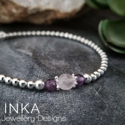 925 Sterling Silver Rose Quartz  & Amethyst bead Stacking Bracelet INKA - Image 1 of 4