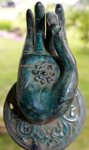 Buddha Mudra Hand Door Handle Knob Cast Bronze Verdigris Green Bali Art Cover