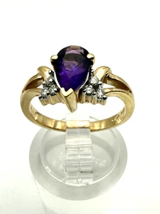 new ladies pear amethyst & diamonds ring 10k yellow gold sz 6.5 $699 bag 569 - Picture 1 of 8