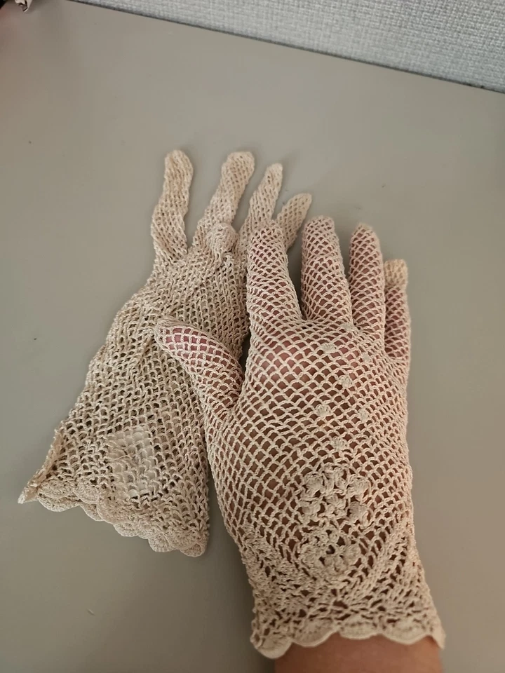 Luvas de malha de renda de algodão bege creme vintage SO - Imagem 1 de 3