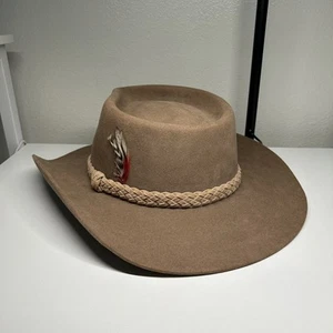 Akubra Snowy River Pure Fur Felt Cowboy Hat Australia Made Size 59 Feather - Picture 1 of 12