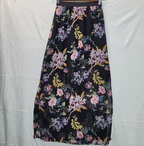 H&M Long A-Line Skirt Size 4 Black Multicolour Floral Elastic Waist - Picture 1 of 8