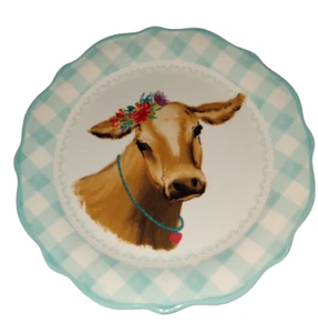 Plato de galleta de postre floral vaca marrón guinga aguamarina mujer pionera Cottagecore 7" - Imagen 1 de 4