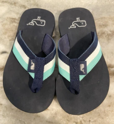 VINEYARD VINES SZ 12 Boys  KIDS WHALE  FLIP FLOPS Navy BLUE Aqua White Youth - Image 1 of 4