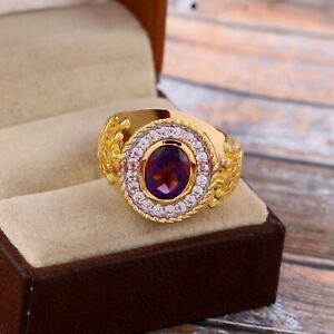 Natural Amethyst Gemstone with Gold Plated 925 Sterling Silver Men's Ring #33