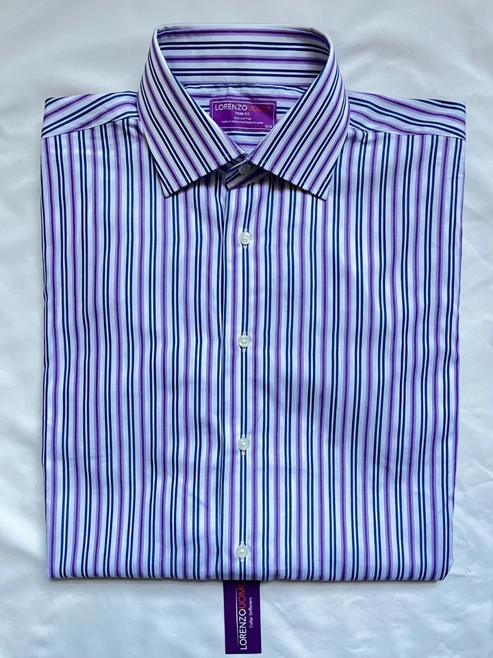NWT Men's Lorenzo Uomo Trim Fit Purple Blue Stipe Long Sleeve Dress Shirt 15 - Image 1 of 1