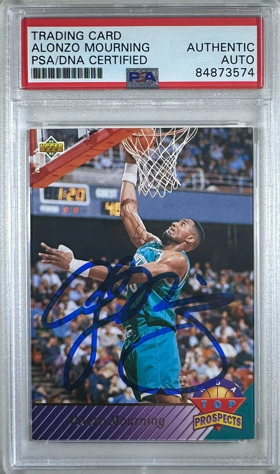 Tarjeta Topps Alonzo Mourning firmada automáticamente 1993 #457 Charlotte Hornets PSA Encap Foto 1 de 3