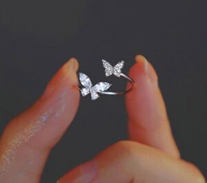925 Sterling Silver Double Butterfly Adjustable Ring Womens Girls Jewellery Gift