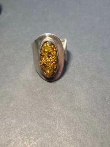 Modernist Sterling Silver and Baltic Amber Split Ring Size 7.5 adjustable - Picture 1 of 9