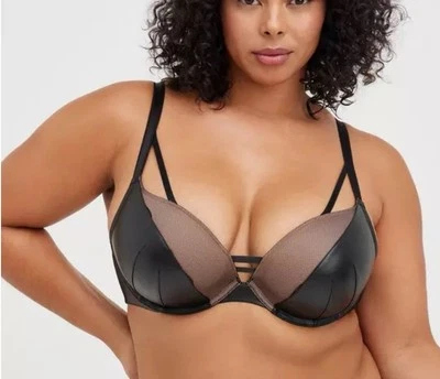 Torrid XO Plunge Push up Bra Faux Leather Fishnet 40D Black Strappy - Image 1 of 4