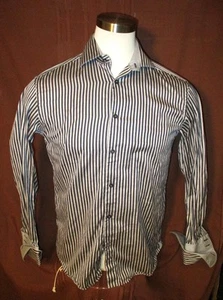 Bugatchi Uomo Men's Long-Sleeve Button Shirt, Blue Silver Striped, 15-1/2 32/33 - Picture 1 of 8