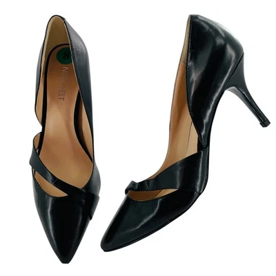 Nine West Black Leather Half D'Orsay Pointed Toe Vamp Strap Classic Heel Pump 8 - Image 1 of 4