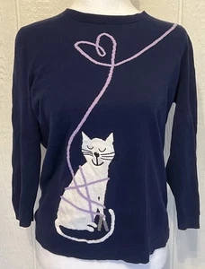 Talbots Navy Cat Heart Sweater Petites Medium Crew Neck 3/4 Sleeve Cotton - Picture 1 of 11