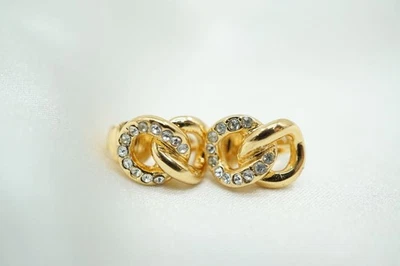 Christian Dior Vintage Mini Earrings Rhinestones Chain Motif Gold 4184j - Image 1 of 4