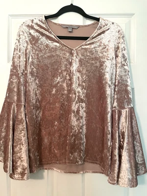 Crushed Velvet Pink Top Medium Dramatic Bell Sleeves Fairy Romantic V-neck - Image 1 of 4