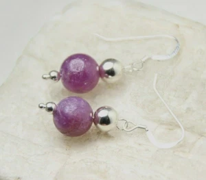 Ruby Natural Red Gemstone 10mm Ball 925 Sterling Silver Hook Earrings 1 1/2" - Picture 1 of 5