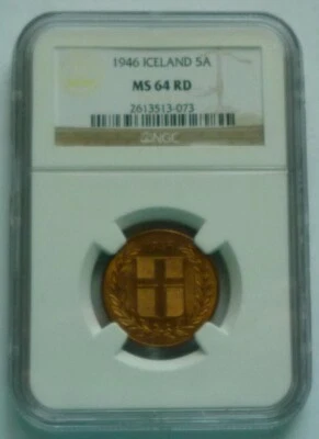 1946 ICELAND - 5 AURAR - MINT BU BRONZE - NGC MS-64 RD - RARE! - Image 1 of 4