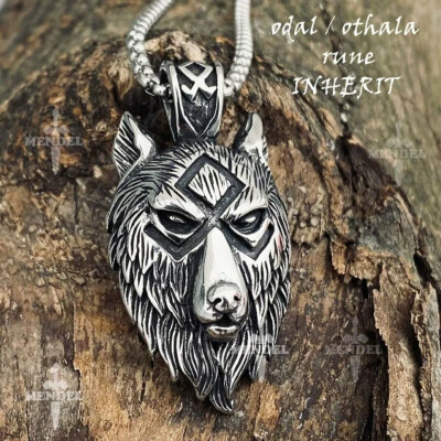 Collar colgante cabeza de lobo Fenrir runa vikinga nórdica Mendel acero inoxidable Foto 1 de 4
