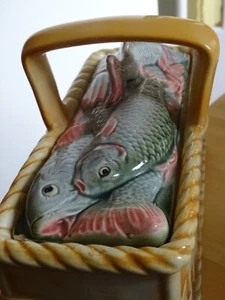 VINTAGE BASKET FISH MAJOLICA SARREGUEMINES FRANCE 1920s' Lenght: 12,60" - Picture 1 of 12