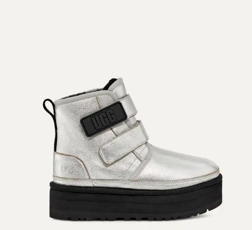STIVALETTI UGG ARGENTO PELLE NEUMEL PLATEAU CINTURINO 6 US NUOVI