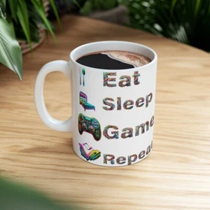 Eat Sleep Game Repeat White Ceramic Mug 11oz - Picture 1 of 8