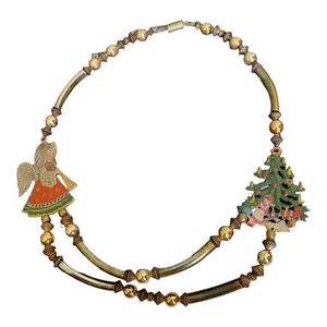 Vintage Christmas Necklace w/ Enameled Angel and Christmas tree 2 Focal Charms - Picture 1 of 6