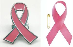 Pink Lapel Pin & Satin Ribbon: Breast Cancer Awareness Fundraising Brooch Enamel - Picture 1 of 6