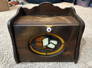 Vintage Holz Bauernhaus rustikale Brotdose mit Glasfenster Bleiglas Optik - Bild 1 von 13