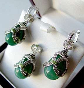 SALE ! SUPERB ENAMEL EGG PENDANT & EARRINGS SET STERLING SILVER 925 GENUINE JADE - Picture 1 of 1