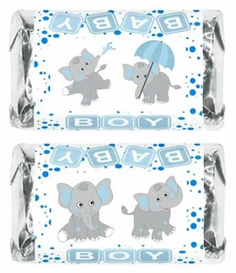 60 Elephants Blue Boy Baby Shower Miniature Candy Bar Wrapper CANDY NOT INCLUDED - Picture 1 of 5