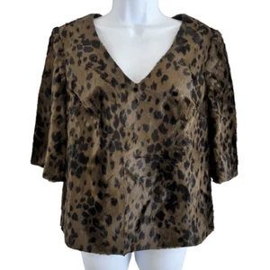 Top de mujer Trina Turk pequeño marrón con estampado animal forrado manga 3/4 coqueta - Imagen 1 de 8