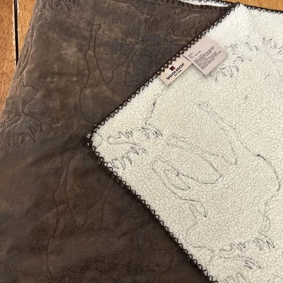 Vintage WOOLRICH Throw Blanket Camp Cabin Moose 50” x 68" Faux Leather Sherpa - Image 1 of 4