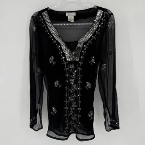 Y2K Womens Top Medium Petite Black Sheer Silk Embroidered Boho Witchy Whimsigoth - Picture 1 of 16