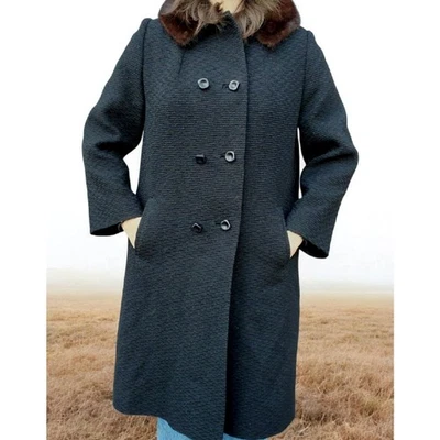 Vintage 60's Textured Black Overcoat with Mink fur collar. Mod Swing Coat - Image 1 of 4