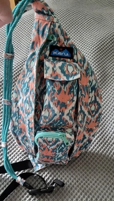 KAVU Teal Rope Sling Bag Crossbody Backpack Teal Peach Geometric Pattern NWOT - Image 1 of 4