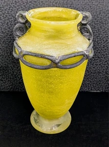 Vintage Scavo Murano Yellow Frosted Glass Amphora/Vase w/Metal Trim, 12" Tall - Picture 1 of 12