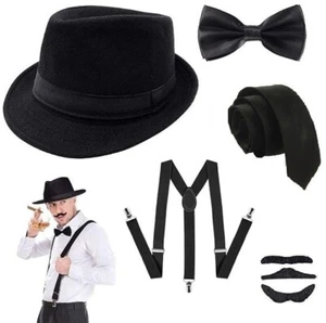 HERREN Gangster Mafia Zuhälter ausgefallene Krawatte Mütze Schnurrbart 1920er Jahre OUTFIT schwarz - Bild 1 von 3