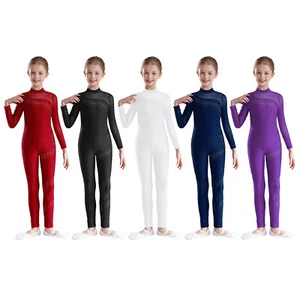 Kids Girls Jumpsuit Suit Bodysuit One Piece Dancewear Shiny Leotard Turtleneck - Picture 1 of 56