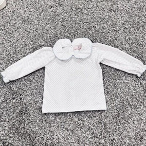 Smockingbird Peter Pan Collar Button Back White Blue Polka Dot Girls Top Size 9M - Picture 1 of 8